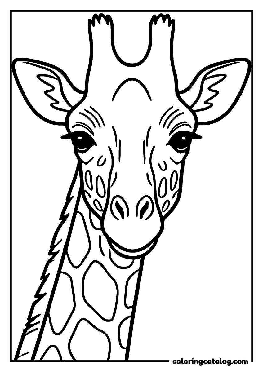Printable coloring page: A giraffe portrait filling the page, its head and neck covered in large coat patches