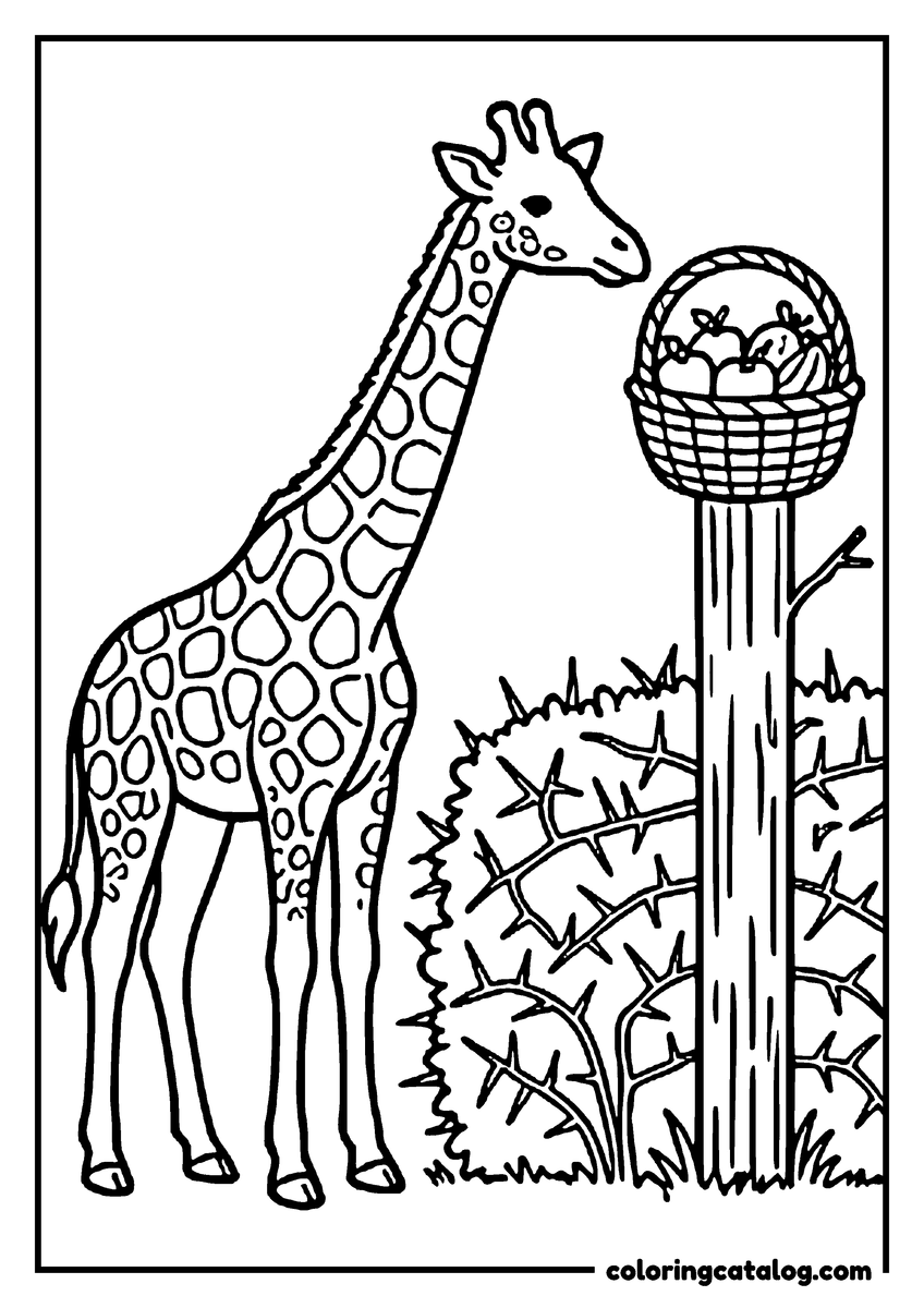 Printable coloring page: A giraffe reaching over a thorny hedge toward a basket of fruit on a post