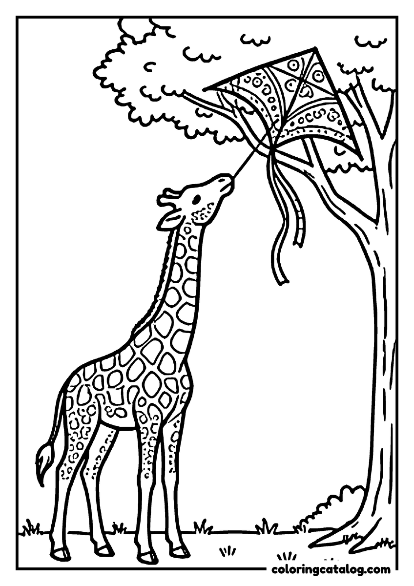 Printable coloring page: A giraffe stretching up to reach a kite caught in the branches of a tree