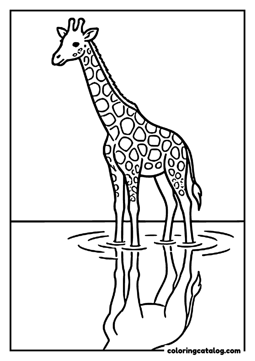 Coloring page: A giraffe standing in shallow water, its reflection stretching below it