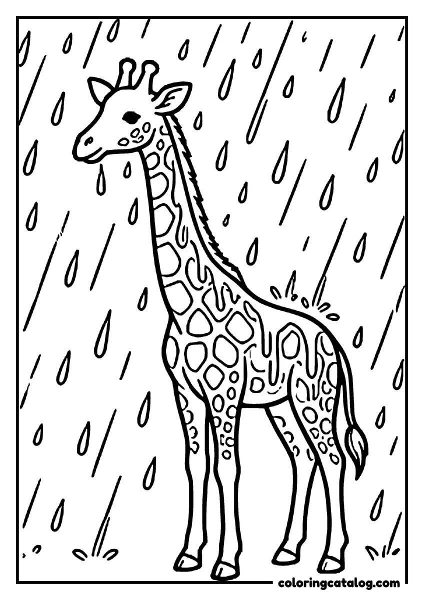 Printable coloring page: A giraffe standing in a rain shower with raindrops falling all around it