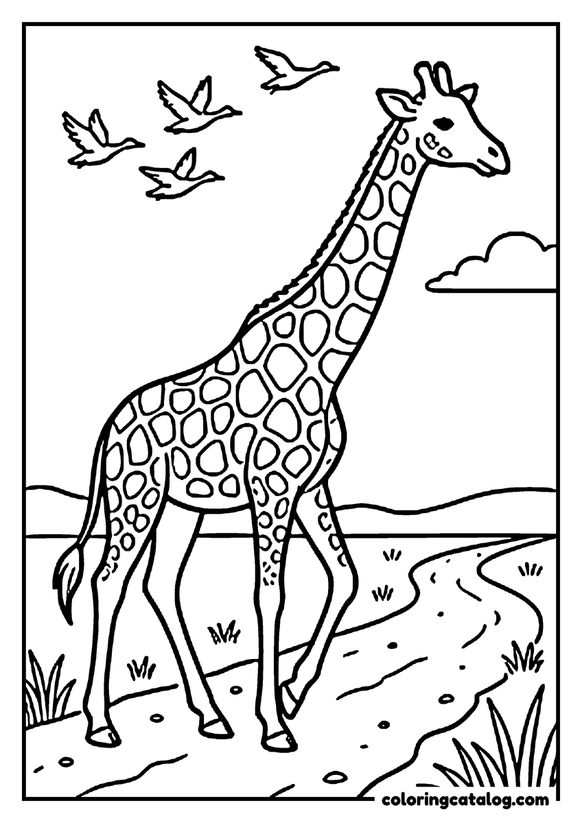 Free printable coloring sheet: A giraffe walking along a winding dusty track with a flock of birds flying above