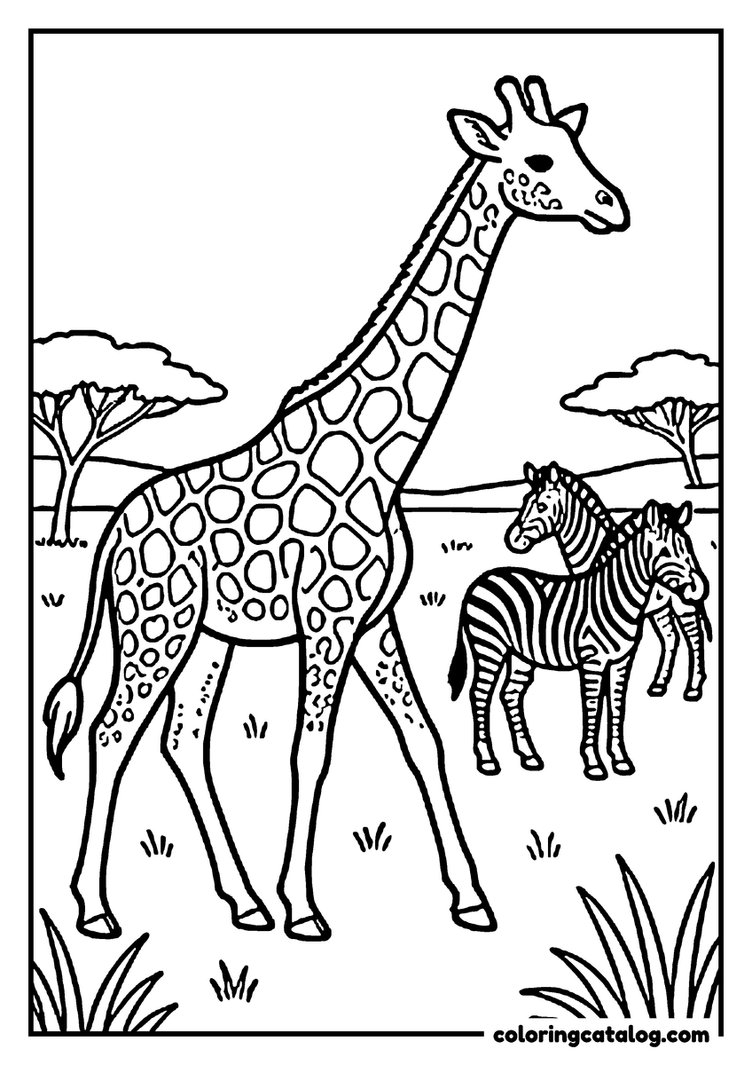 Printable coloring page: A giraffe walking across the savanna past two striped zebras