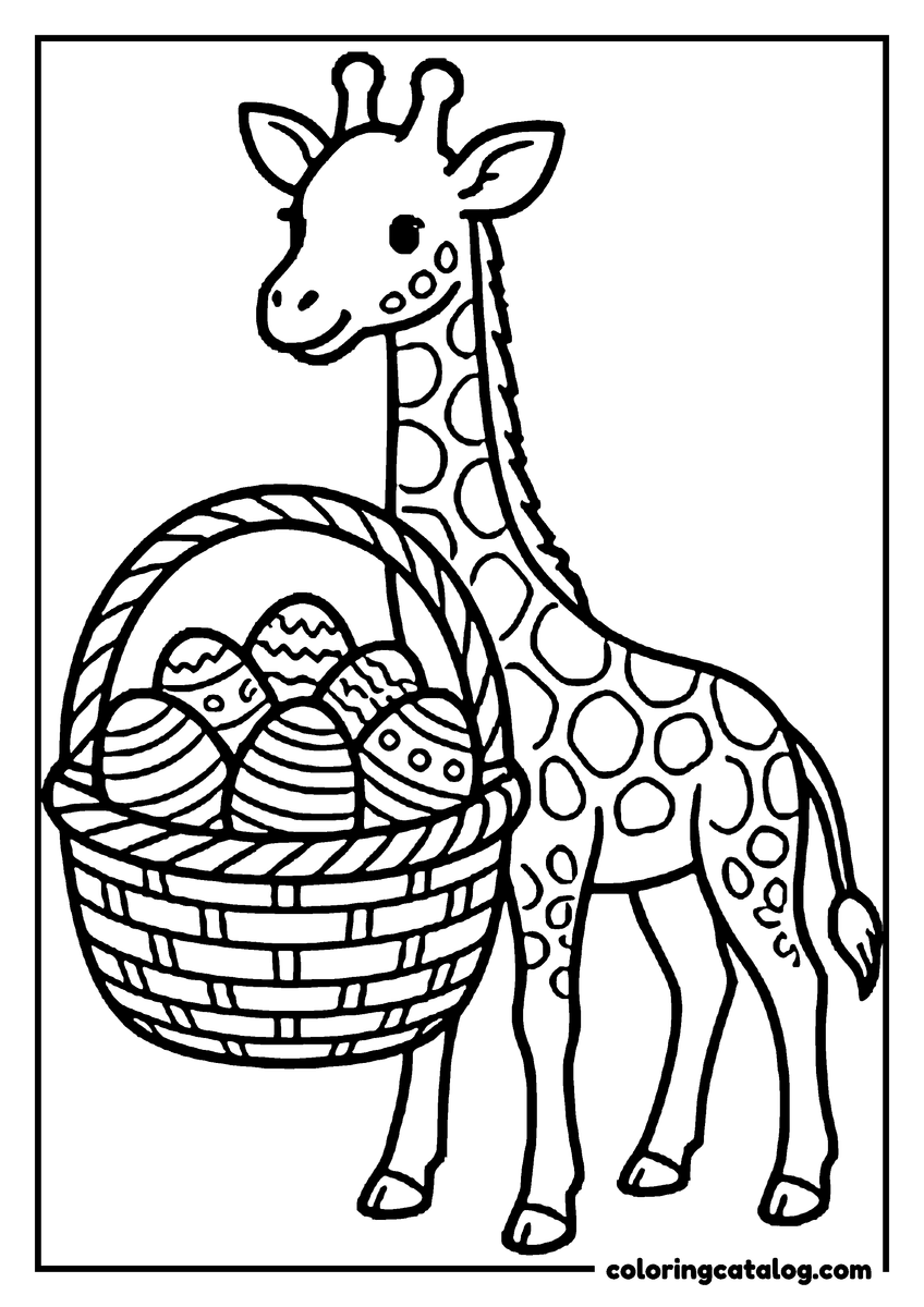 Printable coloring page: A smiling giraffe standing beside a large basket of decorated Easter eggs