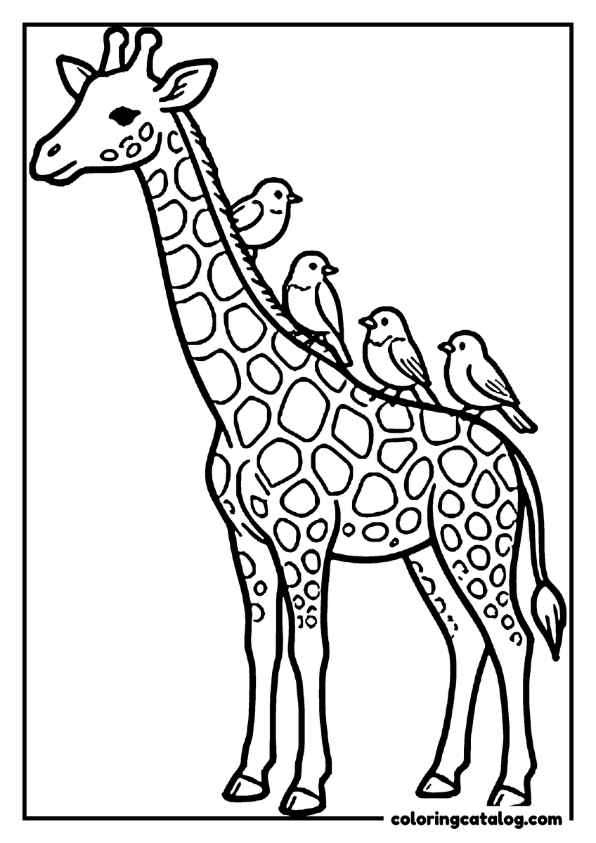 Coloring page: A giraffe with four little birds perched in a row along its neck and back
