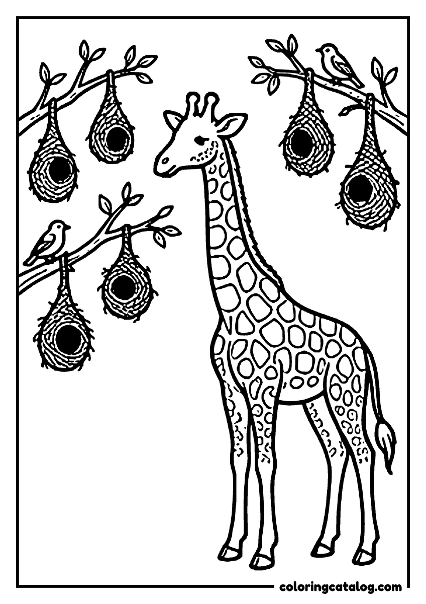 Free printable coloring sheet: A giraffe standing among branches hung with woven weaver bird nests