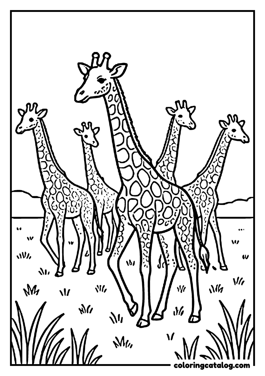Printable coloring page: A herd of five giraffes crossing a grassy plain, some near and some far