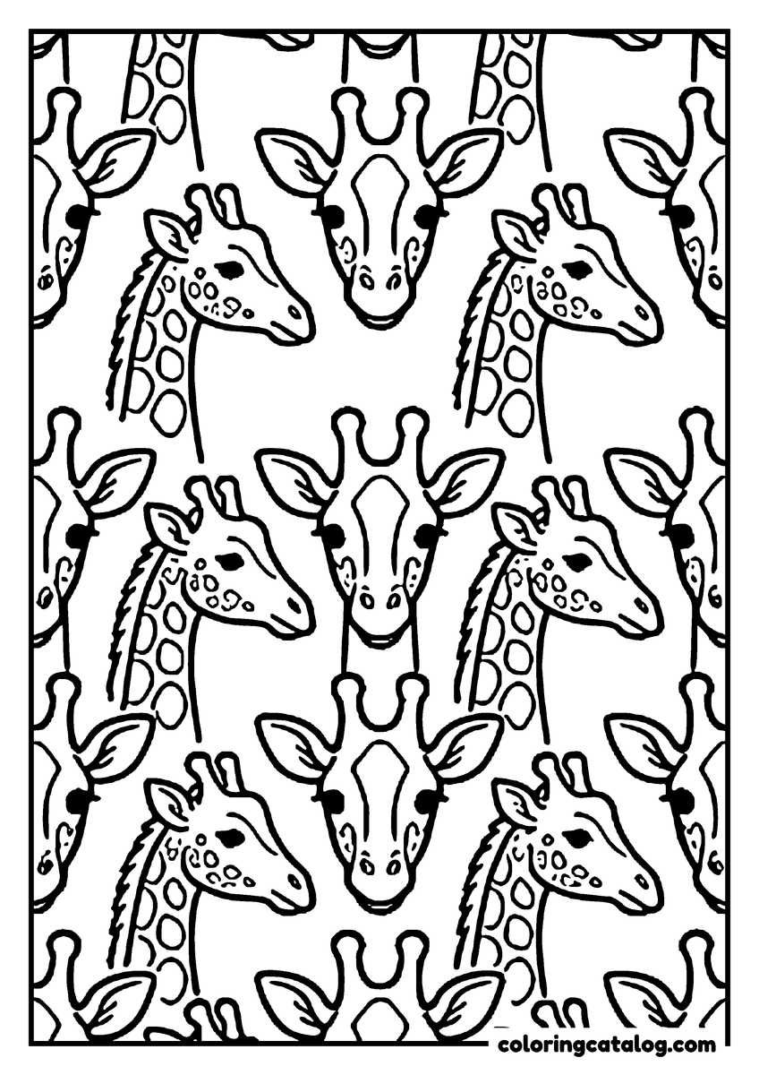 Coloring page: A repeating pattern of giraffe heads facing different ways across the whole page