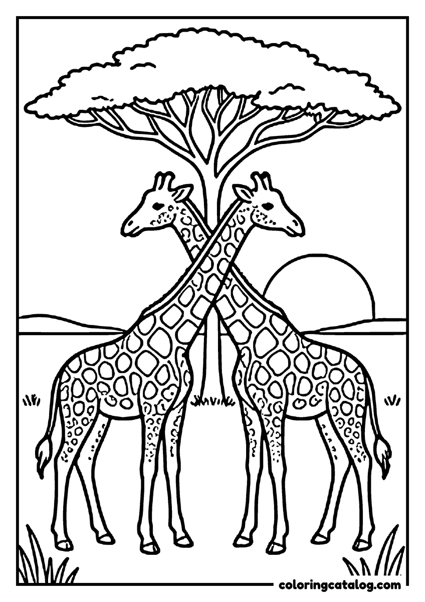 Free printable coloring sheet: Two giraffes crossing their necks under a flat-topped acacia tree at sunset