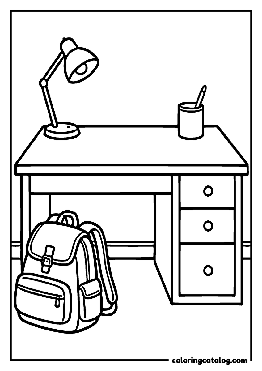 Printable Graduation coloring page: A backpack leaning against an empty desk with a lamp and a pencil cup