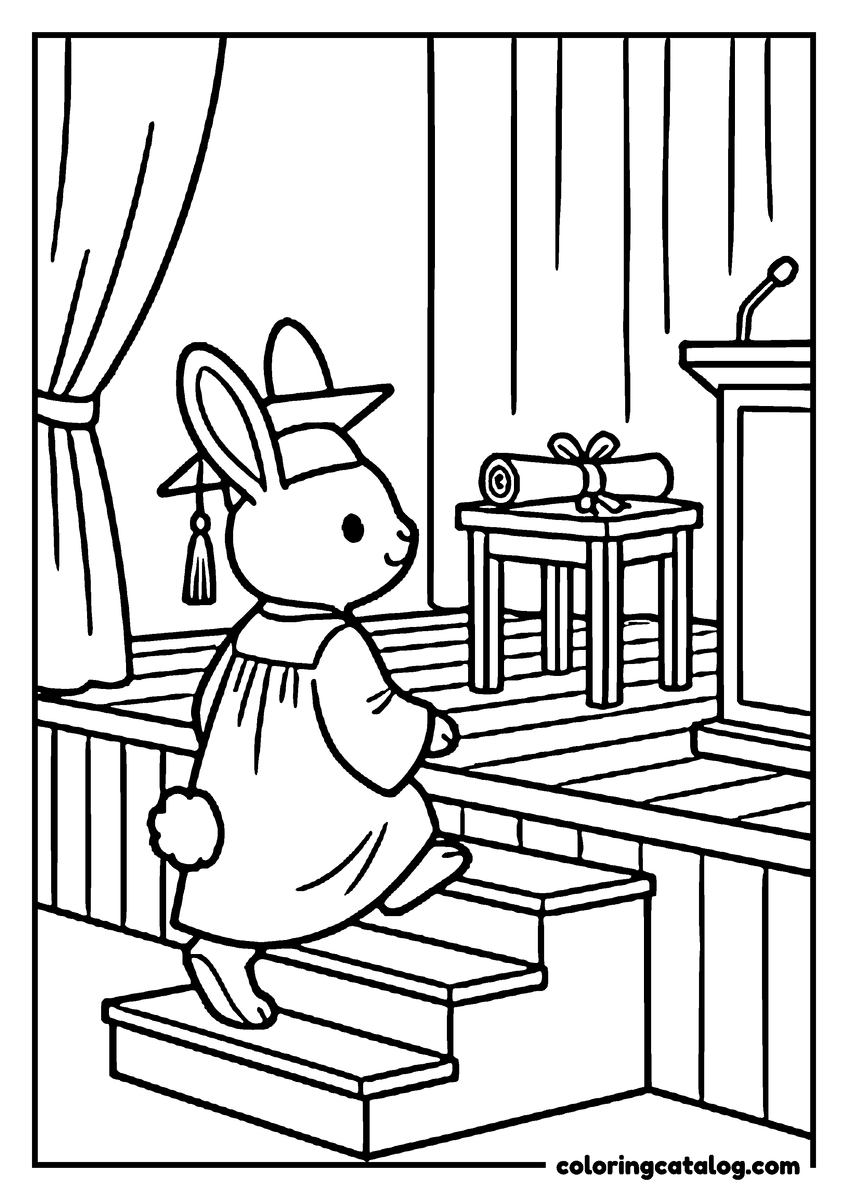 Free Graduation coloring sheet: A bunny in a cap and gown climbing the steps to the stage to collect a diploma