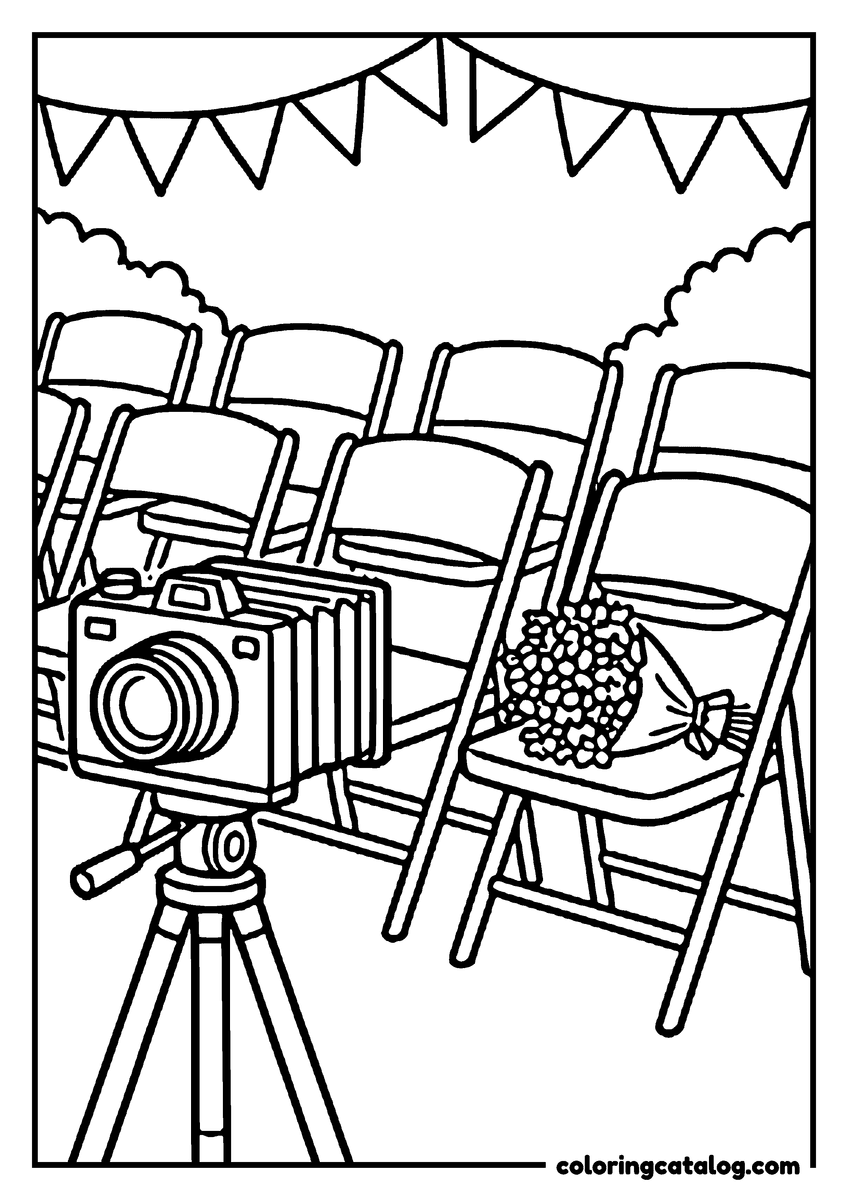 Free Graduation coloring sheet: A camera on a tripod in front of rows of chairs with a bouquet and bunting