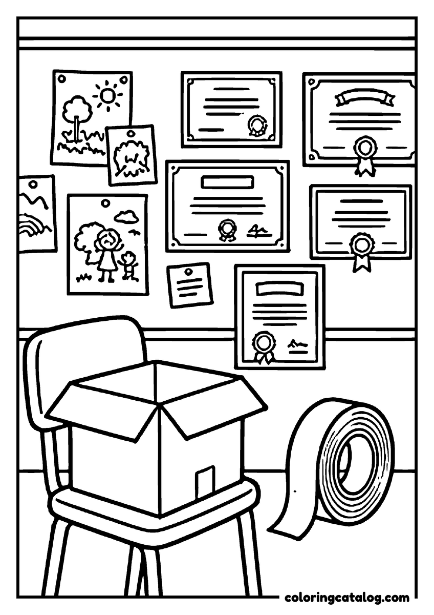 Printable Graduation coloring page: Framed certificates and drawings on a wall above a chair with a packing box and tape