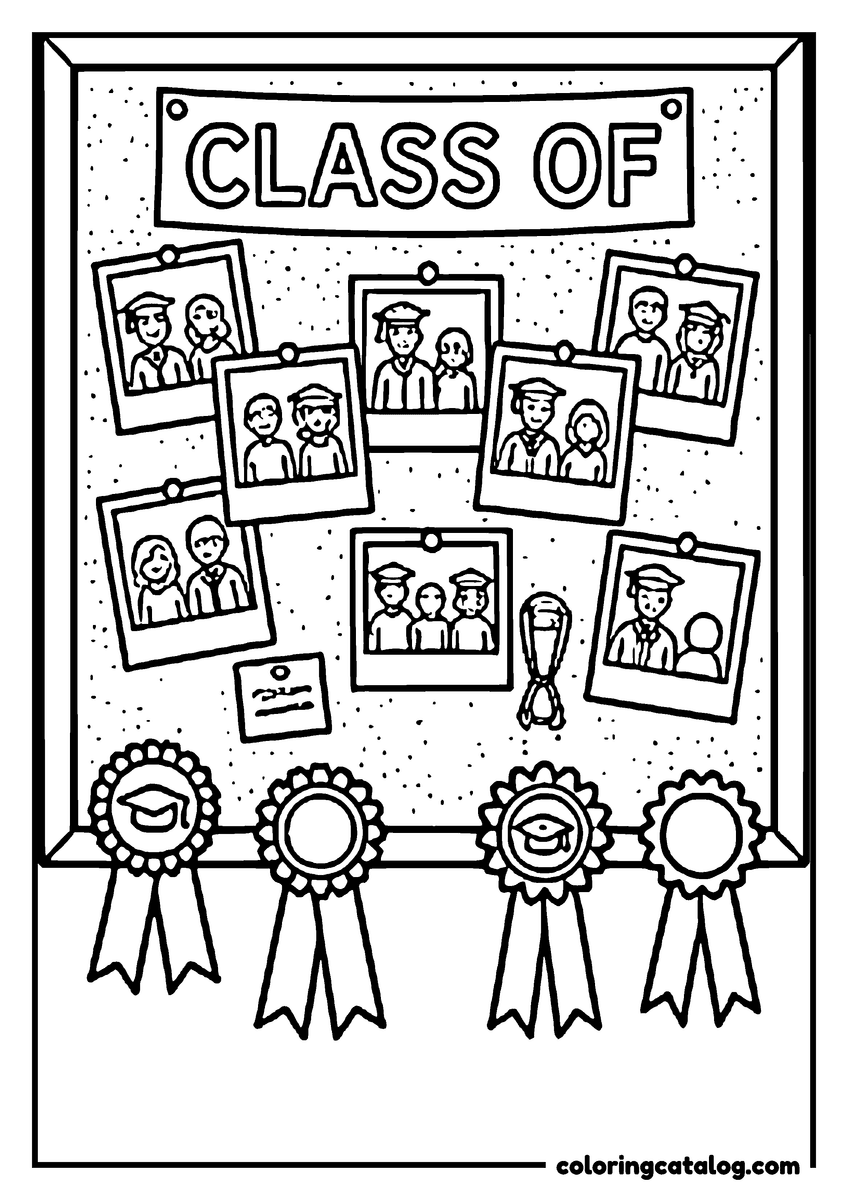 Graduation coloring page: A CLASS OF board pinned with photos of graduates and rosette ribbons