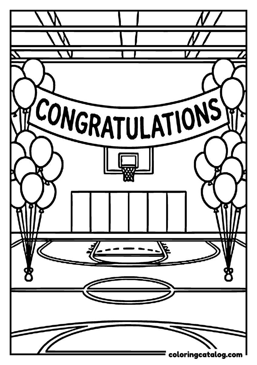 Free Graduation coloring sheet: A CONGRATULATIONS banner hung across a school gym with bunches of balloons