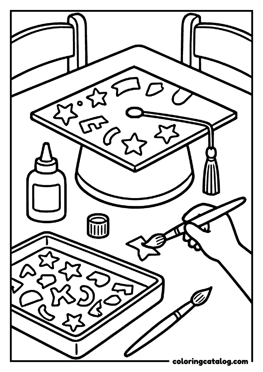 Free printable coloring sheet: A graduation cap being decorated with stars and cut-out shapes, with glue and a paintbrush