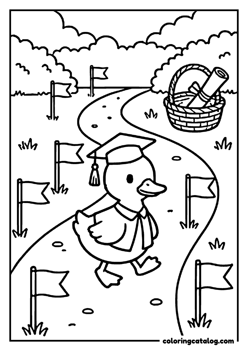Free printable coloring sheet: A duck in a graduation cap and gown waddling down a path lined with flags
