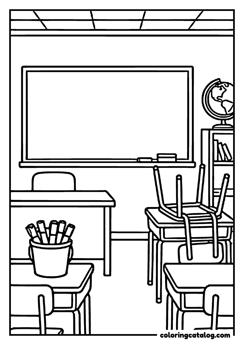 Graduation coloring page: An empty classroom with chairs stacked on the desks and a clean blackboard