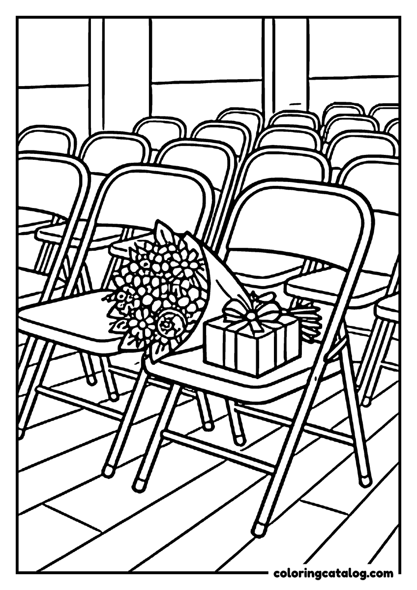 Free Graduation coloring sheet: Folding chairs at a ceremony with a bouquet and a wrapped gift left on a seat
