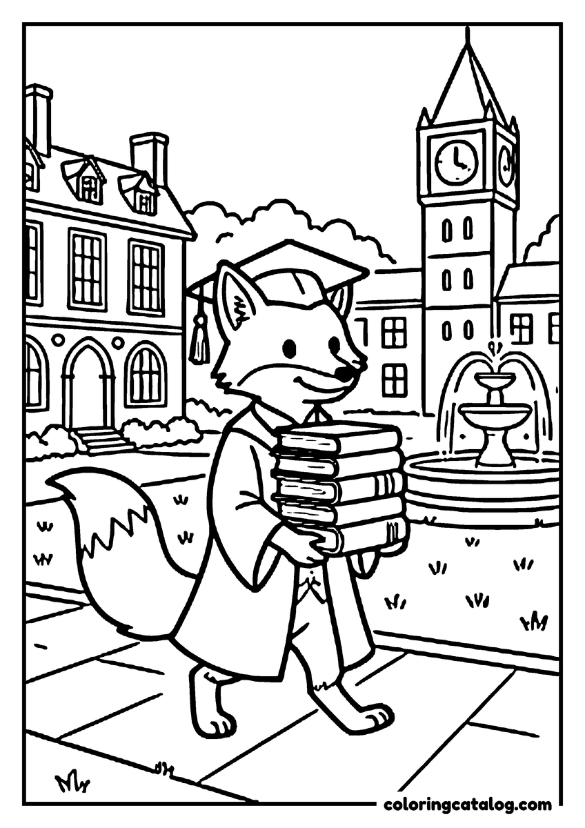 Graduation coloring page: A fox in a cap and gown carrying a stack of books across a campus with a clock tower