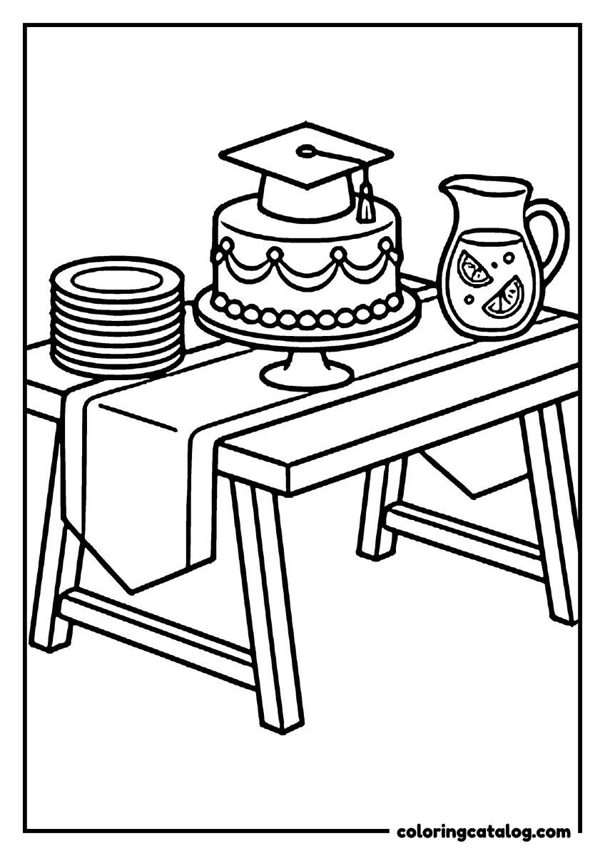 Printable coloring page: A party table with a cake topped by a graduation cap, a stack of plates and a pitcher of lemonade