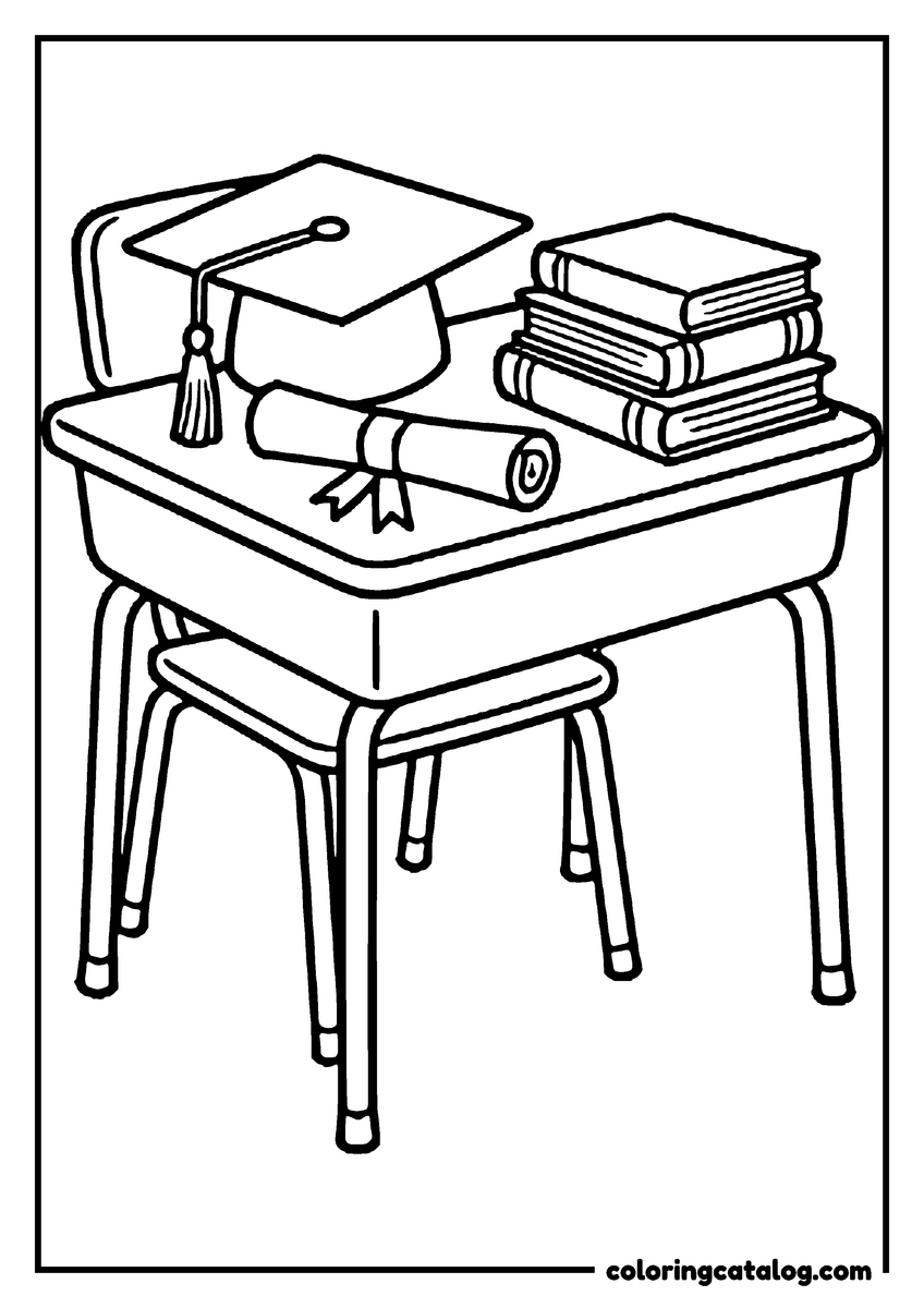 Coloring page: A graduation cap, a rolled diploma and a stack of books on a school desk