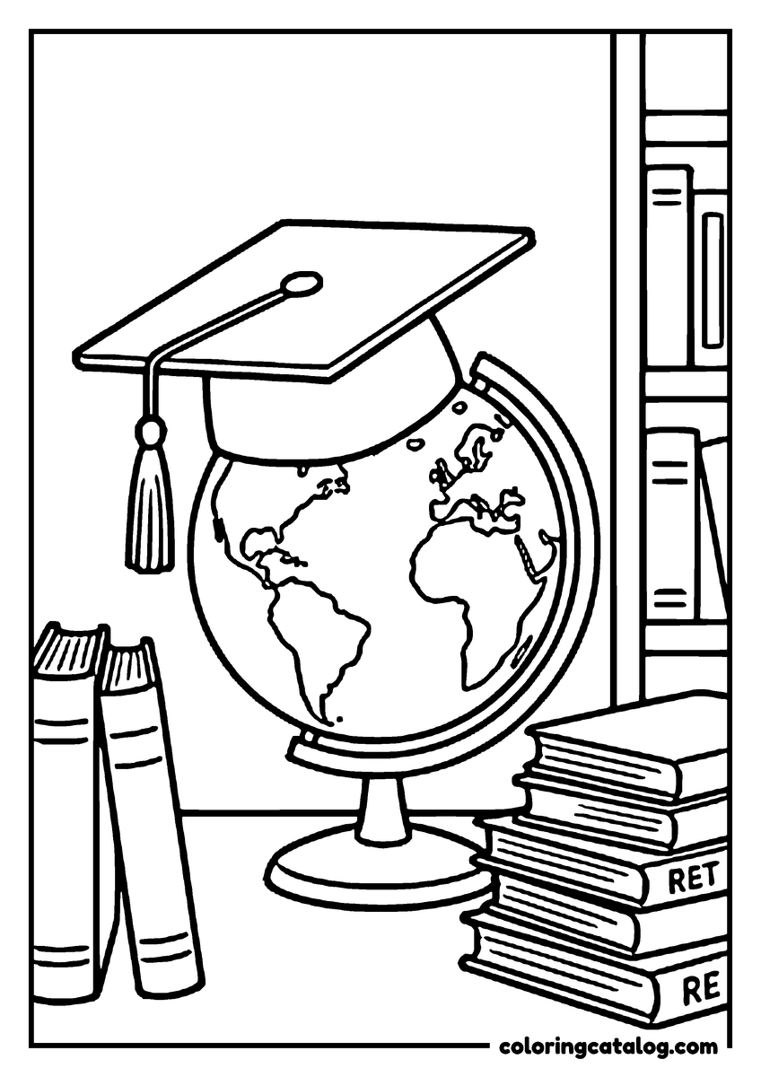 Coloring page: A graduation cap resting on a desk globe between stacks of books