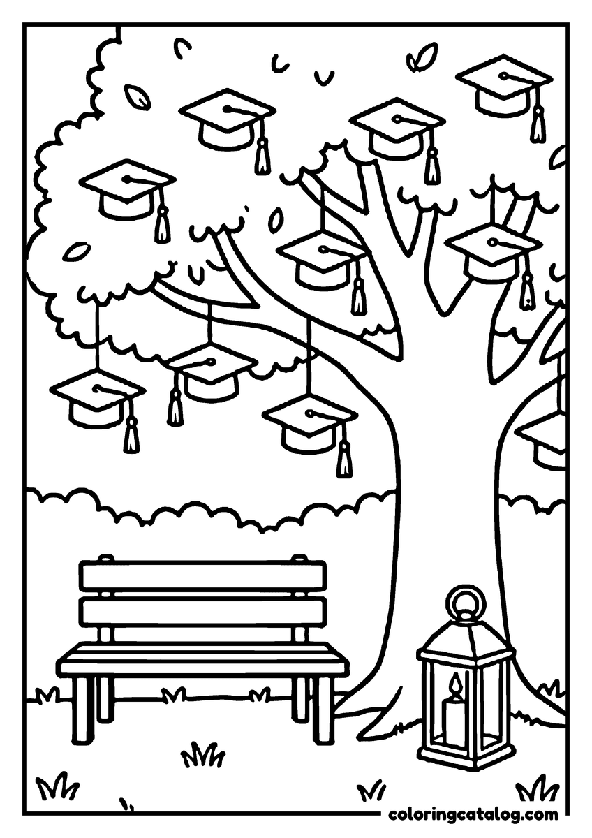 Free printable coloring sheet: Graduation caps hanging from the branches of a big tree above a bench and a lantern