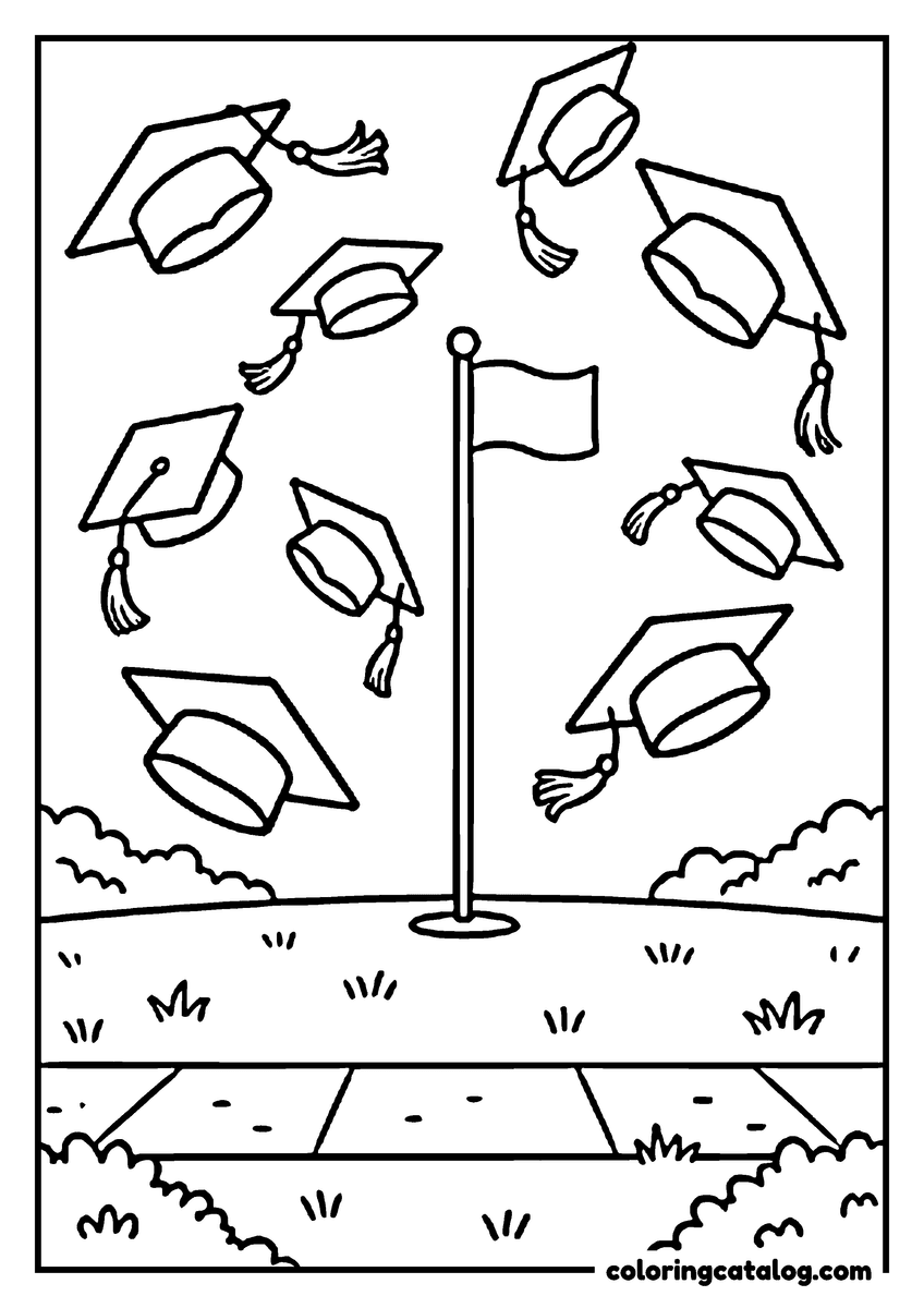 Printable coloring page: Graduation caps flying through the air above a lawn with a flagpole