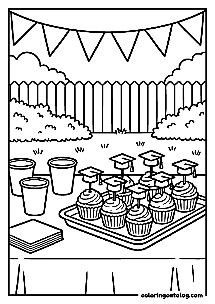 Free printable coloring sheet: A tray of cupcakes topped with little graduation caps at a backyard party with bunting