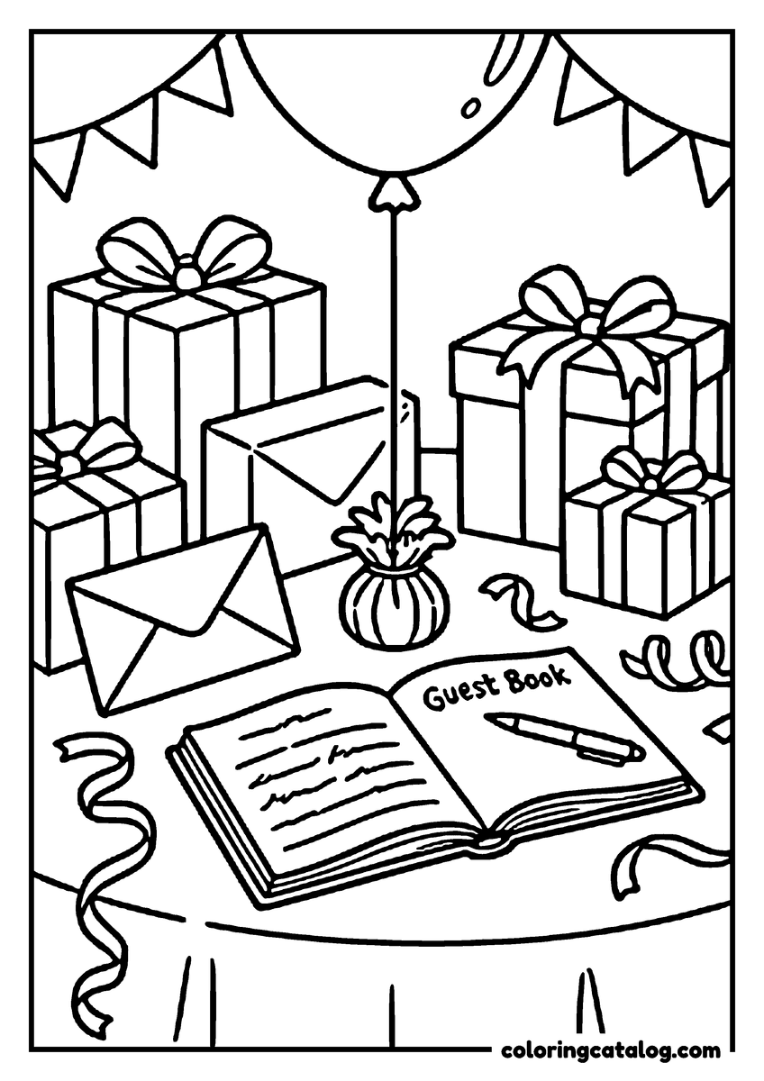 Free Graduation coloring sheet: A party table piled with gifts and cards, an open Guest Book and a pen