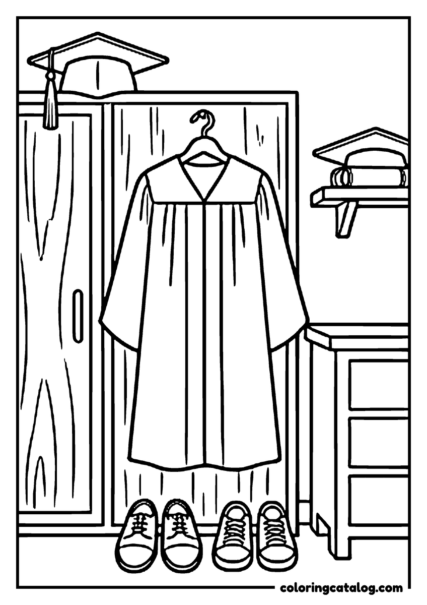 Coloring page: A graduation gown on a hanger in an open wardrobe with shoes lined up below