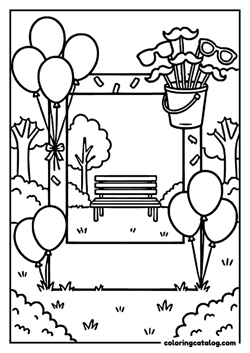 Free Graduation coloring sheet: A big photo frame on the lawn with balloons and a bucket of party props