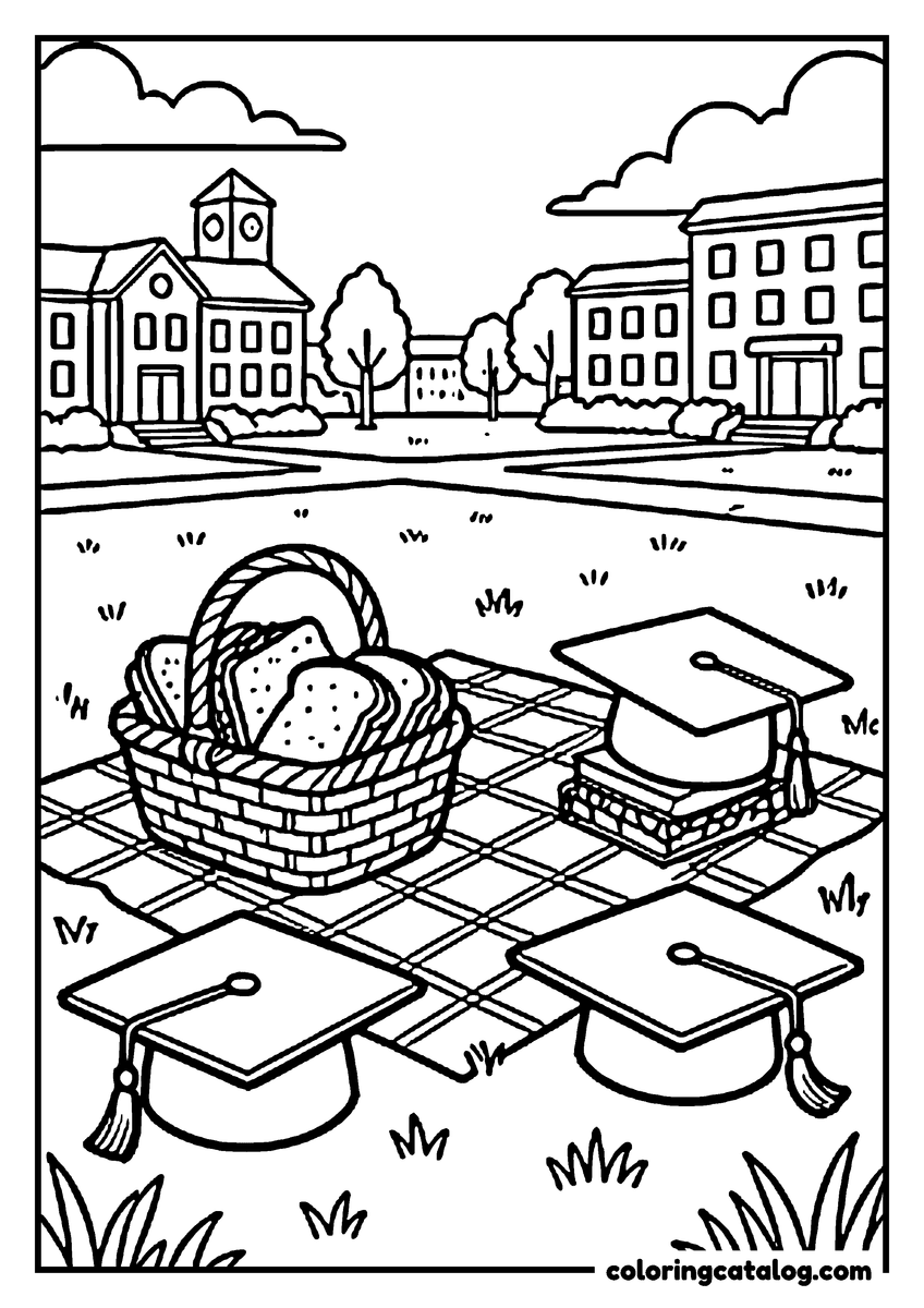 Printable coloring page: A picnic blanket on a campus lawn with a basket of sandwiches and graduation caps