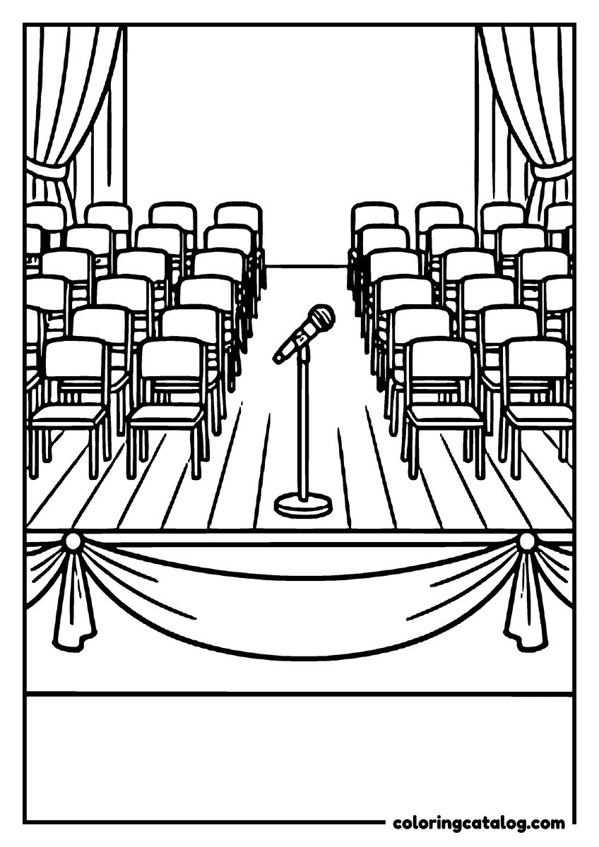 Graduation coloring page: Rows of chairs facing a stage with a microphone and draped curtains