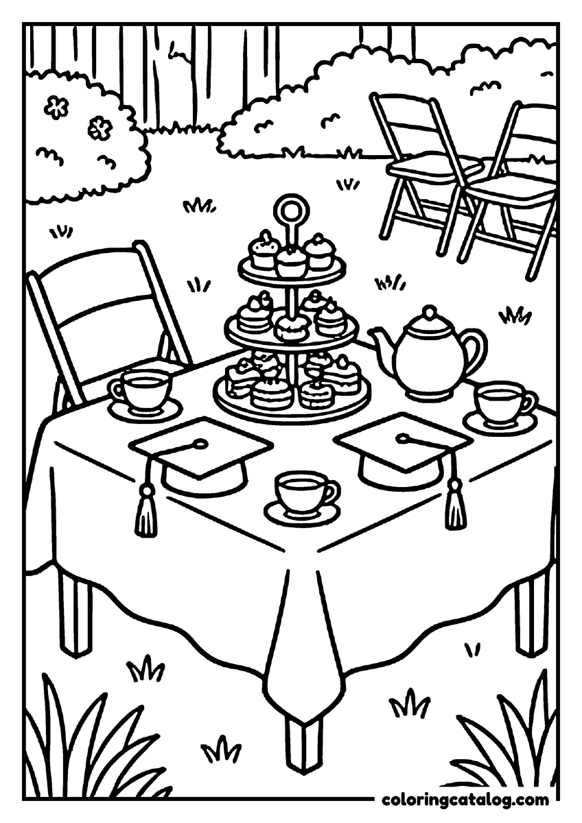 Printable coloring page: A garden tea table with a cake stand, teapot, cups and graduation caps