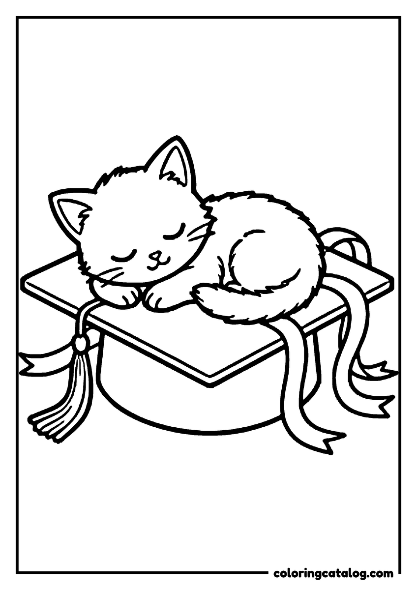 Coloring page: A kitten curled up asleep on top of a graduation cap