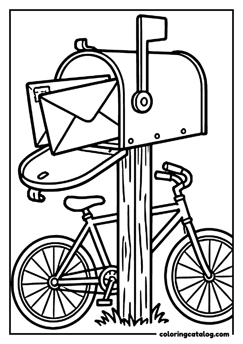 Free Graduation coloring sheet: A mailbox with an envelope sticking out and a bicycle leaning on the post