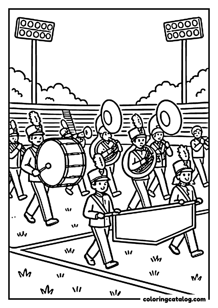 Graduation coloring page: A marching band with drums and tubas parading across a stadium field