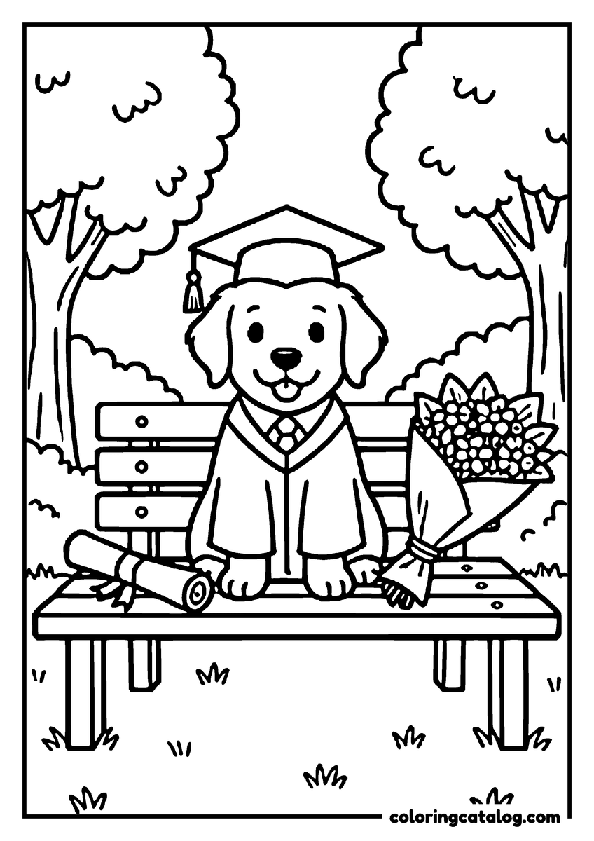 Graduation coloring page: A puppy in a cap and gown on a park bench with a diploma and a bouquet