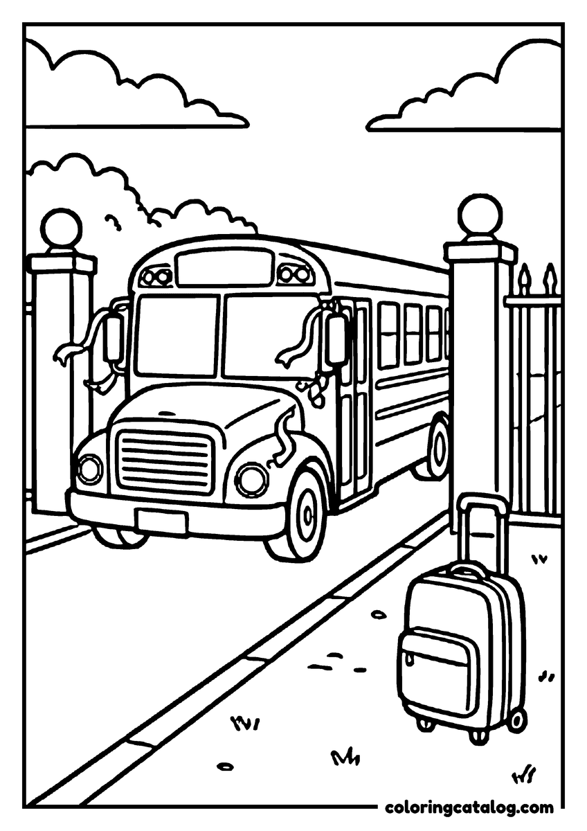 Graduation coloring page: A school bus with ribbons parked at the school gate beside a rolling suitcase