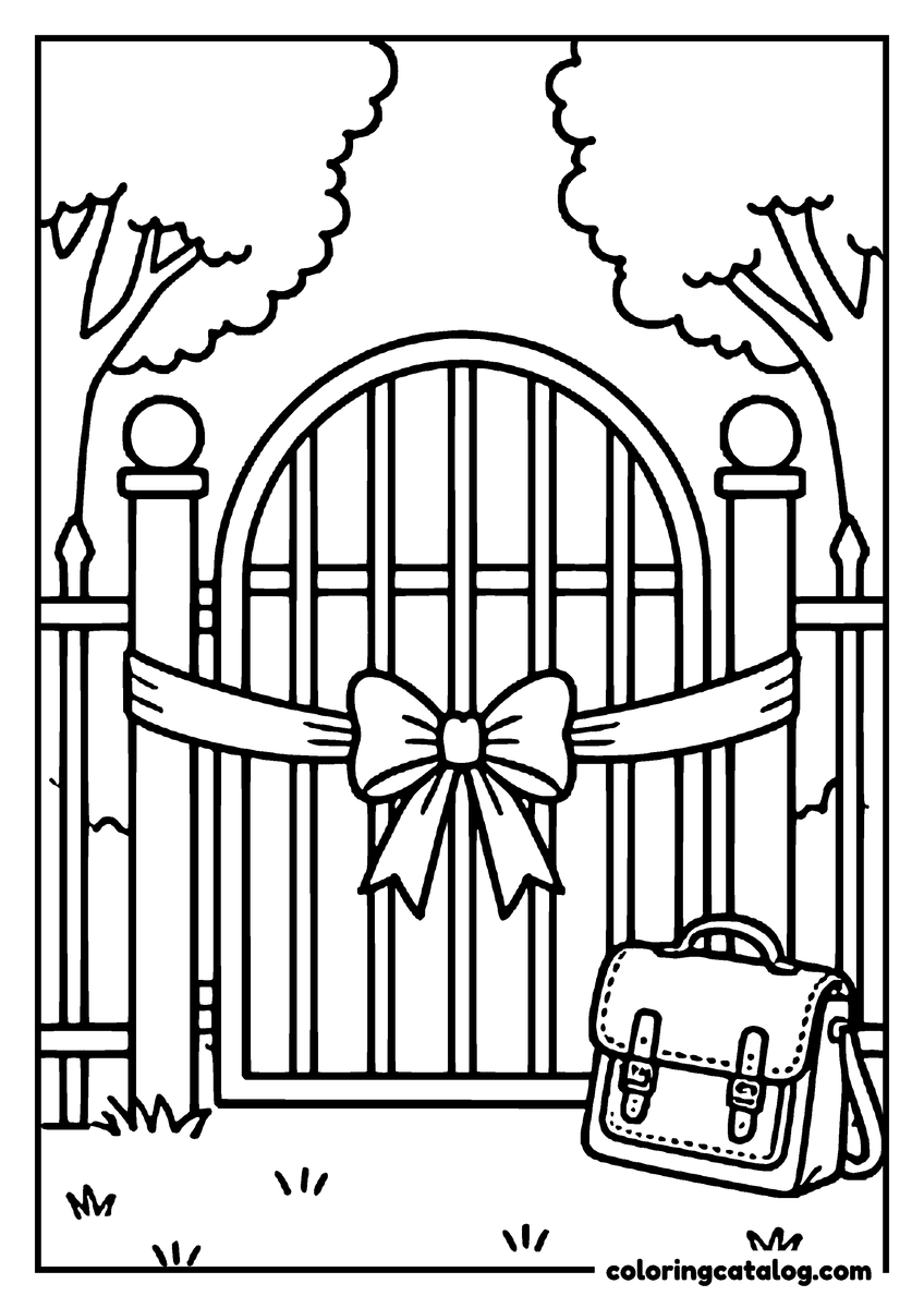 Printable Graduation coloring page: A wrought iron school gate tied with a big bow and a satchel left beside it