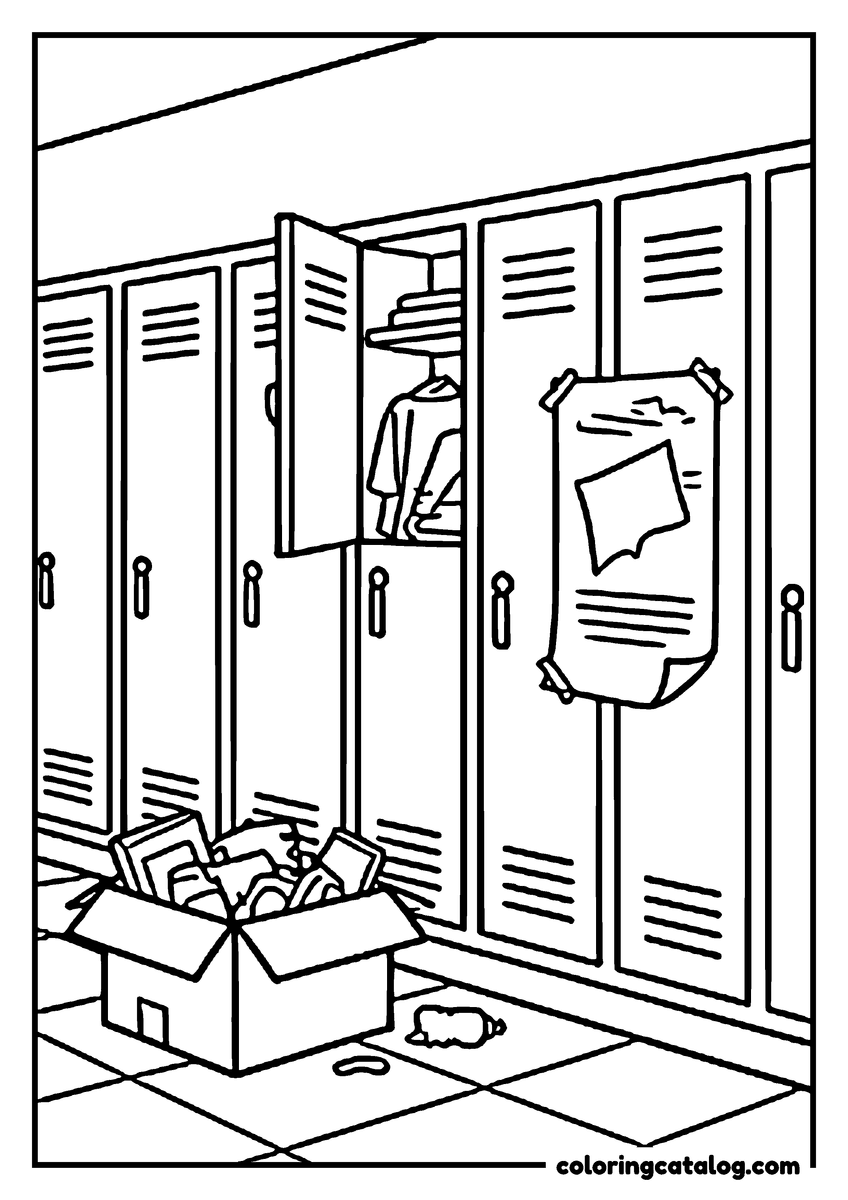 Free Graduation coloring sheet: A row of school lockers with one open and a moving box of belongings on the floor