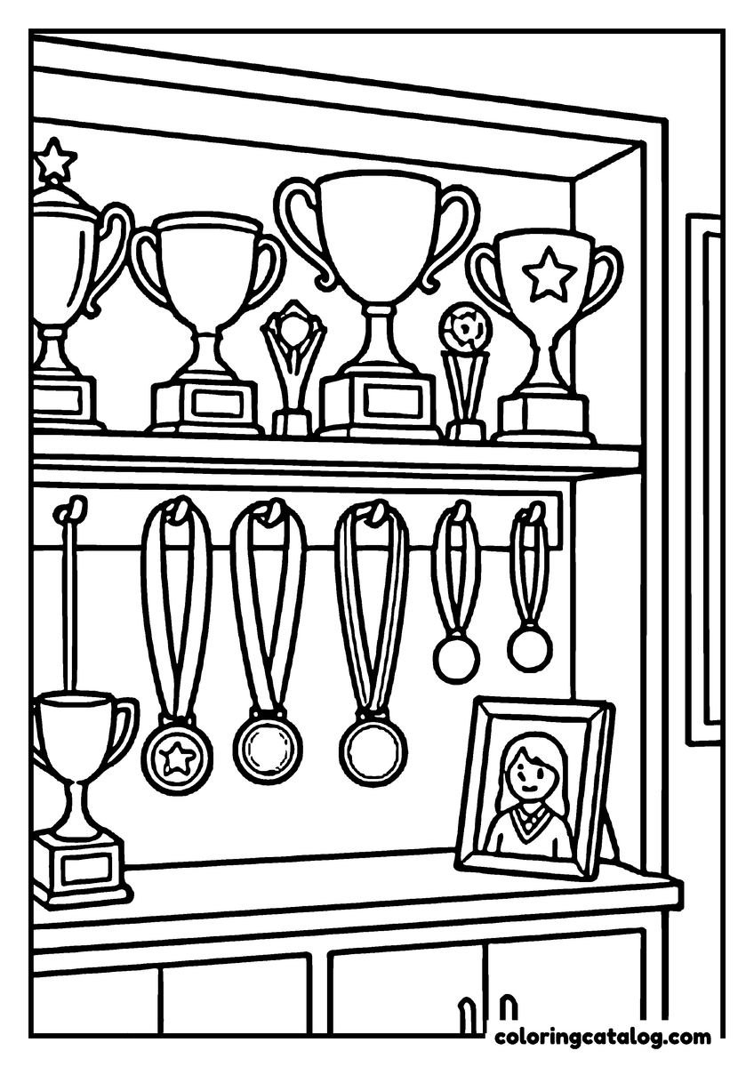 Printable coloring page: A school trophy case full of cups, medals on ribbons and a framed graduation photo
