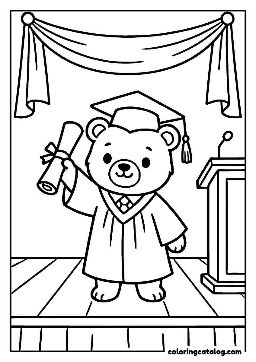 Free Graduation coloring sheet: A teddy bear in a cap and gown holding up a diploma on stage beside a podium