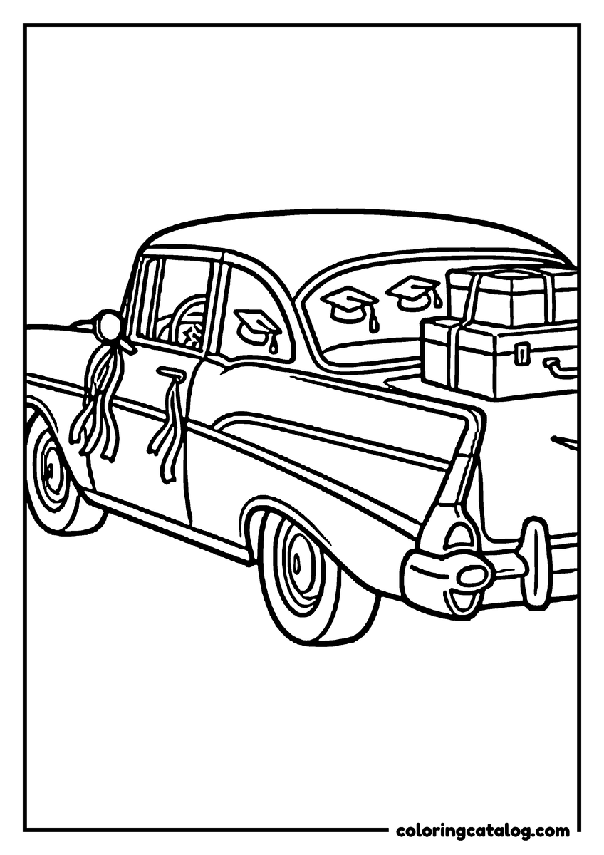Coloring page: A vintage car decorated with ribbons and graduation cap stickers, packed with suitcases