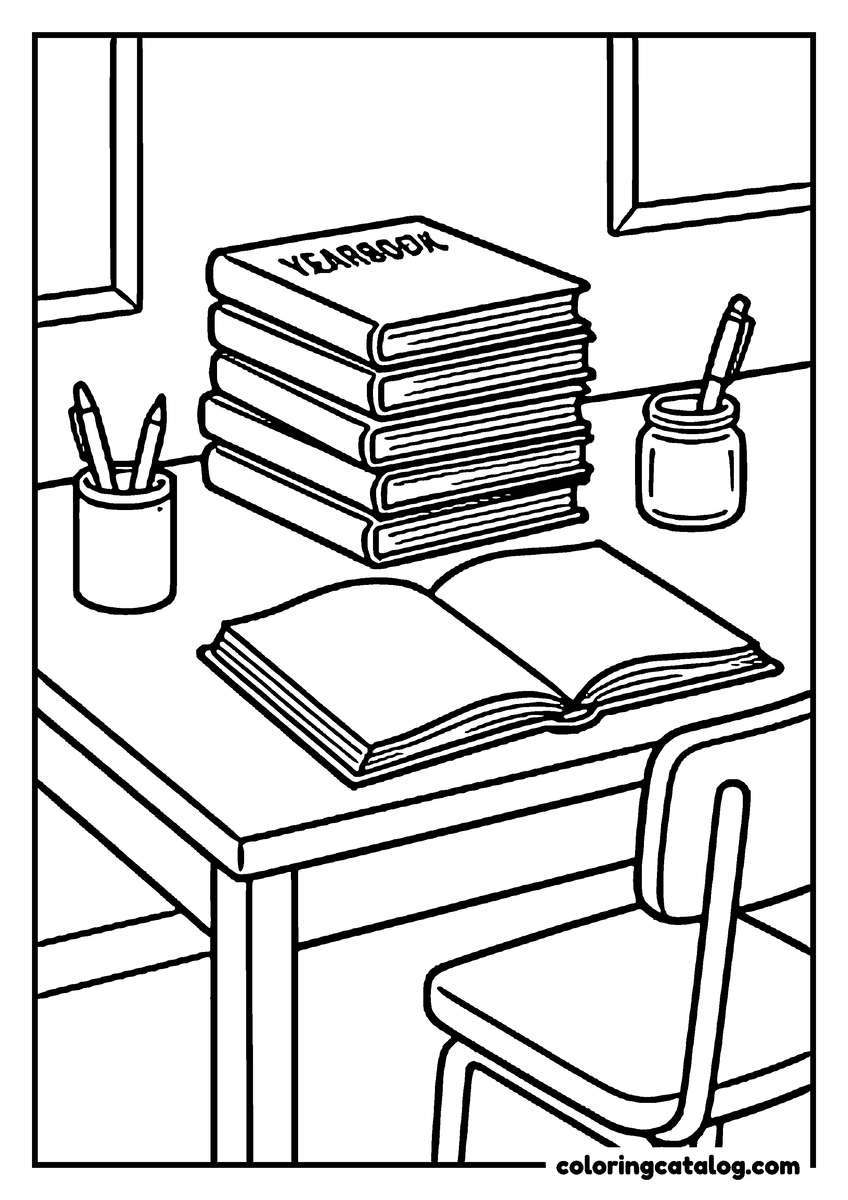 Free Graduation coloring sheet: A stack of books topped by a YEARBOOK and an open book on a school desk