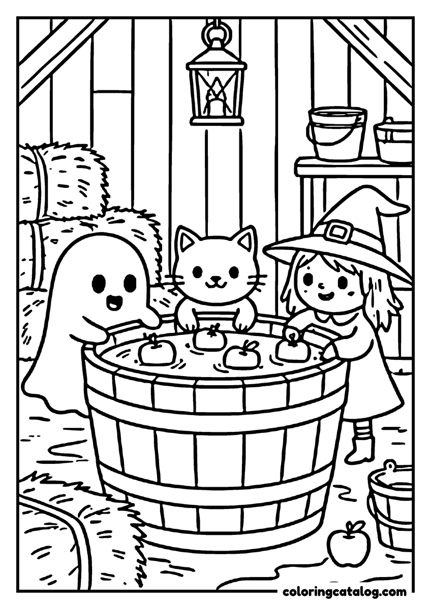 Halloween coloring page of a ghost, a cat and a little witch bobbing for apples in a barrel inside a barn