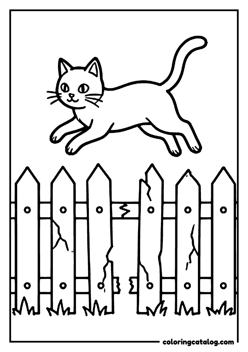 Halloween coloring page of a black cat leaping over an old picket fence
