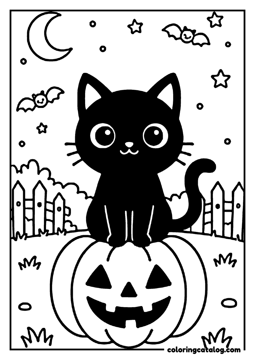 Halloween coloring page: A black cat sits on a carved pumpkin, surrounded by bats, stars, and a crescent moon